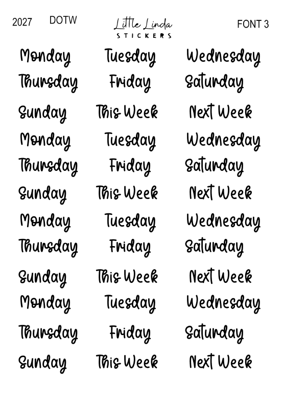 2027 | Days of the Week | The Basic Edit planner stickers, Font 3 / Small / Glossy