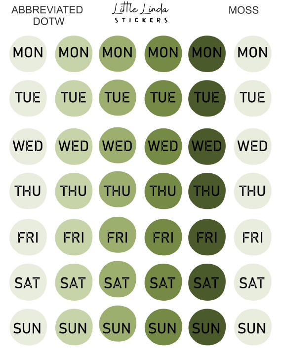 2027 | Days of the Week Dots | The Basic Edit planner stickers, Moss / Glossy