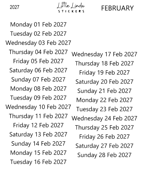 2027 | Daily Dates | The Basic Edit planner stickers, February / Glossy