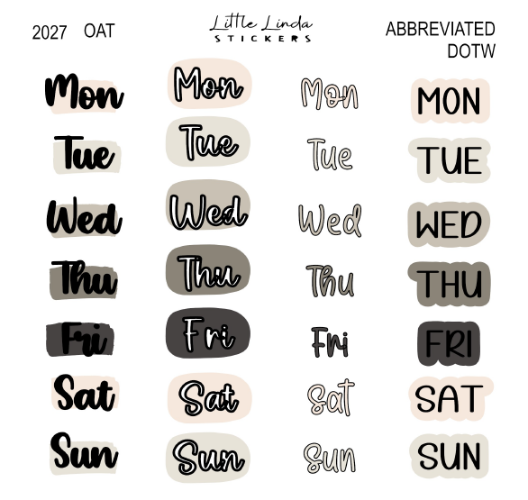 2027 | Abbreviated Days of the Week | The Basic Edit planner stickers, Oat / Glossy
